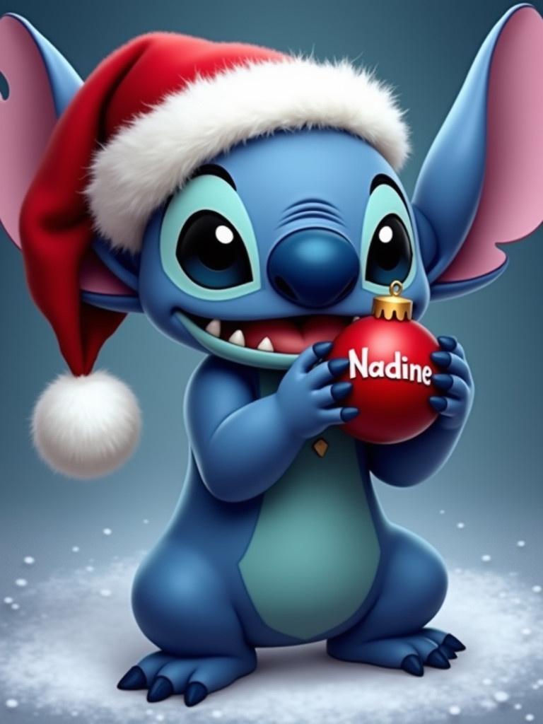 Character wearing a Santa hat. Blue color with large ears. Holds red Christmas bauble.