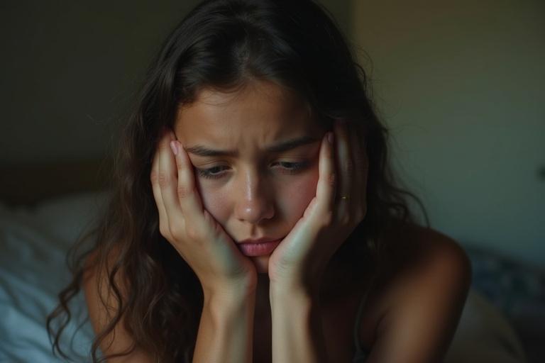 Image of a girl showing sadness and suffering from betrayal. Close-up facial expression. Natural light and soft focus.