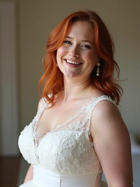 Young beautiful woman standing in a side view wearing a white wedding dress. Redhead hair styled elegantly. Playful pose with a warm smile looking up.