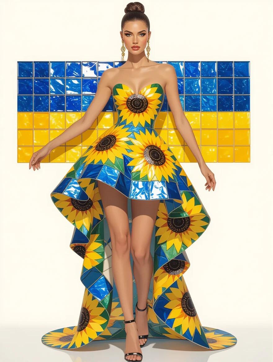 Beautiful model wears a short haute couture dress. Dress features a sunflower bodice and layered gown resembling sunflower petals. Body painted with Ukraine flag colors. Model poses dramatically against a colorful tiled background.