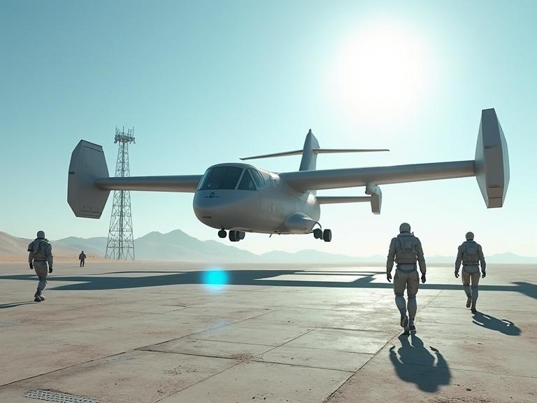 Cinematic live action scene of a sci-fi osprey jet landing on a pad in a bright desert. Sci-fi soldiers in light grey exosuits walk around. A radio tower is present. The sky is sunny and blue with the sun in the background. A long anamorphic lens flare appears in front, along with silver metal crates and a dusty metal floor. Dust is blowing in the wind, creating a dramatic atmosphere.