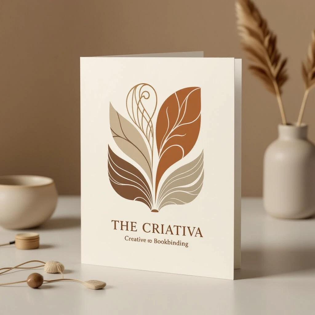 Abstract and elegant logo design for a handmade bookbinding brand. Incorporates shapes and lines to suggest bookbinding elements. Conveys exclusivity and sophistication. Uses a warm, modern color palette. Integrates the phrase 'THE CRIATIVA' harmoniously. Suitable for digital and print.