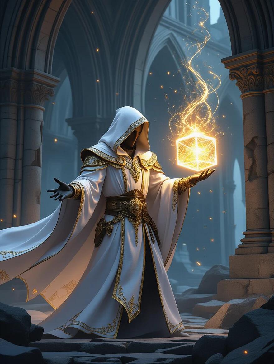 A powerful mystical sorcerer in a white hooded robe with golden trim and metallic armor. Face obscured in shadow. Standing in dramatic pose within ancient stone ruins. Gothic architecture with towering arches and ornate columns. Mage holds a glowing crystalline cube radiating golden magical energy. Swirling particles of light and ethereal flames cascade from robes. Warm golden glow against cool misty blue-gray stone environment. Highly detailed textures and magical effects.