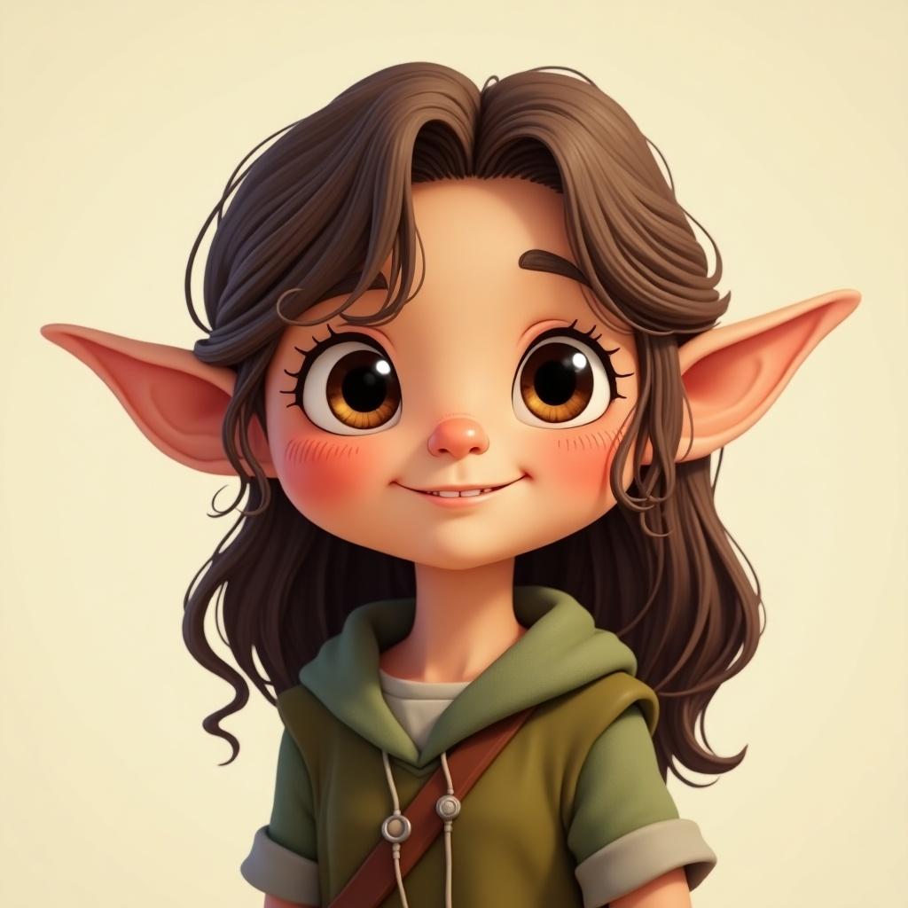 Generate a picture of adorable elf with brown hair and brown eyes. Elf has olive skin. Character smiles without showing teeth against a plain background.