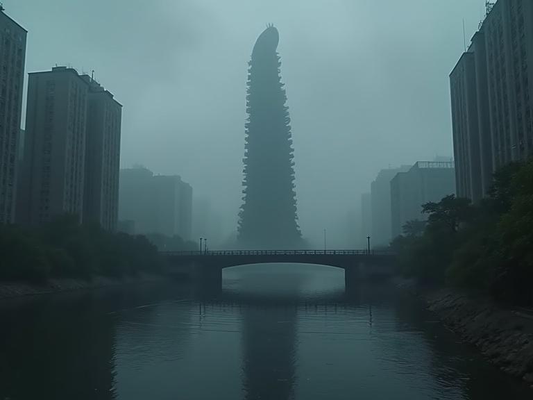 Dark cinematic scene showing a huge spine-like structure emerging from under the water in a river bay. Scene includes a bridge nearby and is set in an Asian city with tall buildings. The atmosphere is foggy and cloudy, creating a reflective quality on the small river.