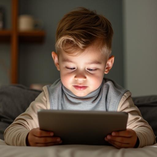 Young child sits on a couch engaging with a tablet. Soft light illuminates the scene, creating a warm and inviting environment.