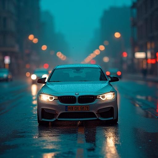 A white BMW car parked on a wet street at night in a foggy city scene with soft lights illuminating the surroundings. The atmosphere is moody and atmospheric, capturing a sense of urban life in modern times.