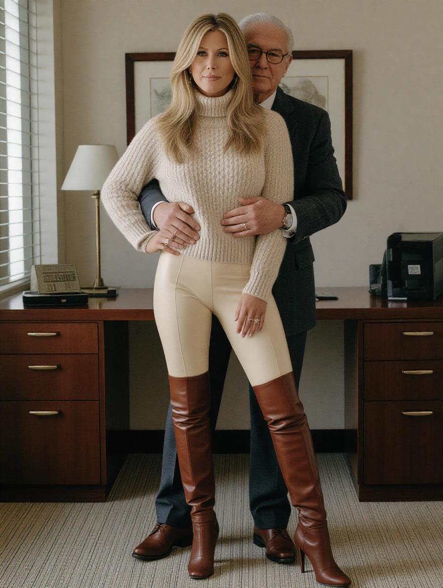 Photo realistic image of a model with fuller features wearing cream leather spanx leggings and brown high heeled leather over-the-knee boots. Cashmere jumper styled with French tuck. Full height of model shown in office setting. Older gentleman behind her with hands around her hips.
