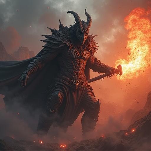 A powerful figure stands in a fiery landscape. The master destroyer exudes strength and menace. Dark armor and horned head create a commanding presence. Flames illuminate the scene, hinting at imminent destruction.