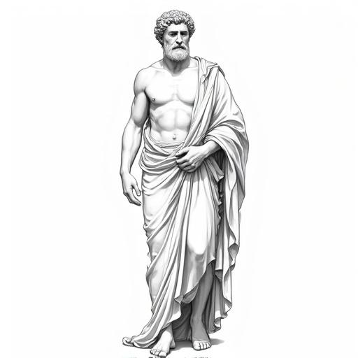 Full body representation of an ancient Greek statue standing straight. The statue is draped in traditional clothing, showcasing muscular anatomy. The background is pure white, providing a stark contrast. Emphasis on the intricate details of the sculpture.