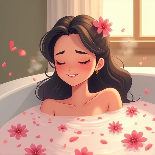 A woman named Kim sinks into a steaming bath filled with flower petals. Her eyes are closed with a soft smile, creating a serene atmosphere. The room's colors are pastel and calming. Gentle steam rises while flower petals float on the water's surface. Kim sighs happily as a musical note icon briefly appears.