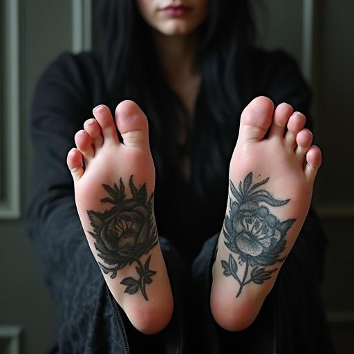 Tattooed soles of a mature goth woman's feet are visible. She has long black hair. She wears dark goth attire. The focus is on her big foot tattoos.