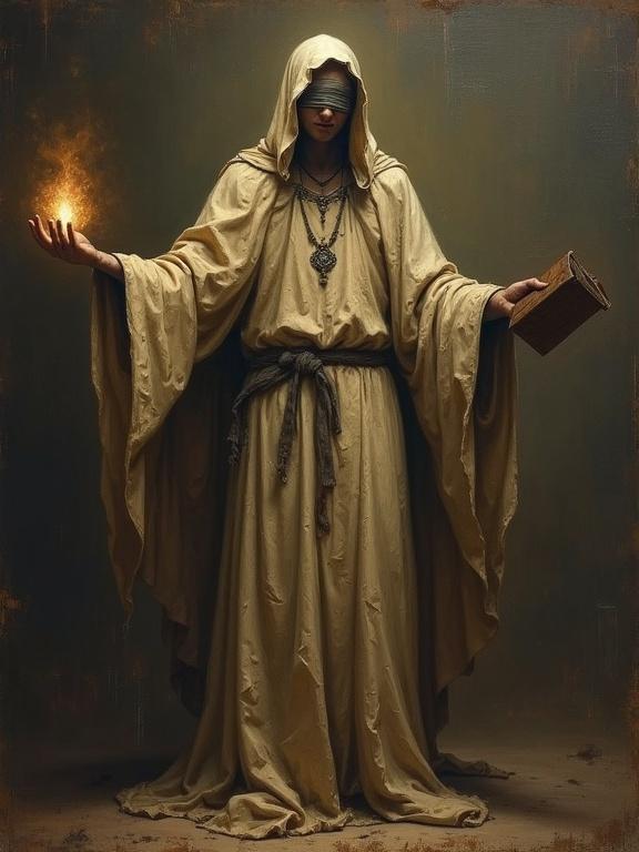 An oil antique painting depicting a gaunt figure in tattered ceremonial robes. The figure has a blindfold, arms outstretched. One hand glows with unholy light. The other holds a book. The style is rough and resembles old artistry.
