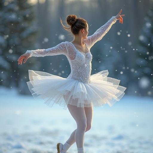 Ballerina frozen mid jump with clothes falling off. Scene captures movement and elegance. Natural setting with snow and trees in background. Soft lighting creates ethereal atmosphere.