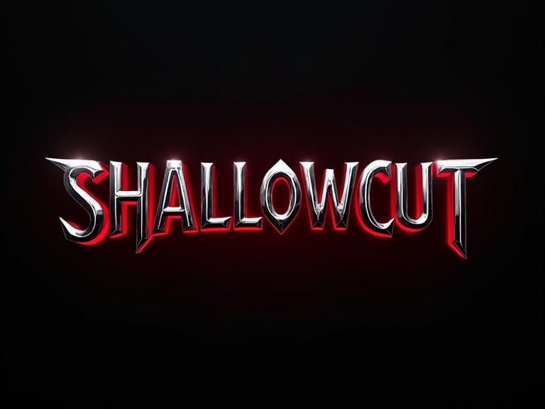 Logo design features the word SHALLOWCUT in bold stylized letters with sharp edges. Design incorporates metallic textures with polished chrome-like surface. Dominant colors are deep crimson red and glossy black with gradients. Letters reflect light dramatically with realistic shadows. Embossed style provides depth. Futuristic industrial aesthetic. Background is dark to highlight glowing text effect. Focus on sharpness and precision.