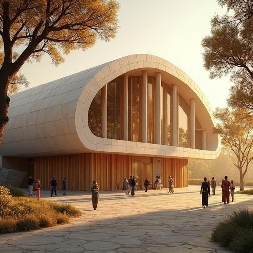 Modern building with people gathered in front of it at golden hour. Architectural visualization showing a warm atmosphere. Clarity of details in design. Rule of thirds applied for composition.