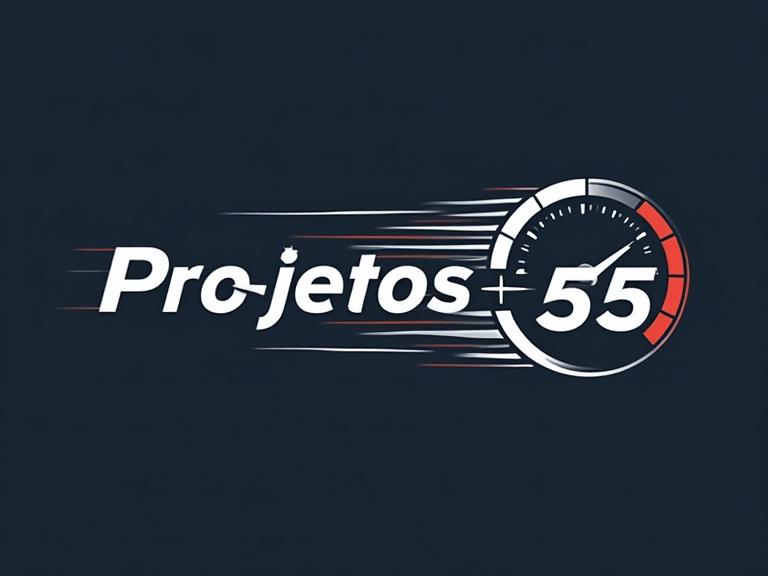 Logo for Projetos +55 brand depicts a modern and professional design with a focus on motion and dynamics. Features an image of a speedometer.