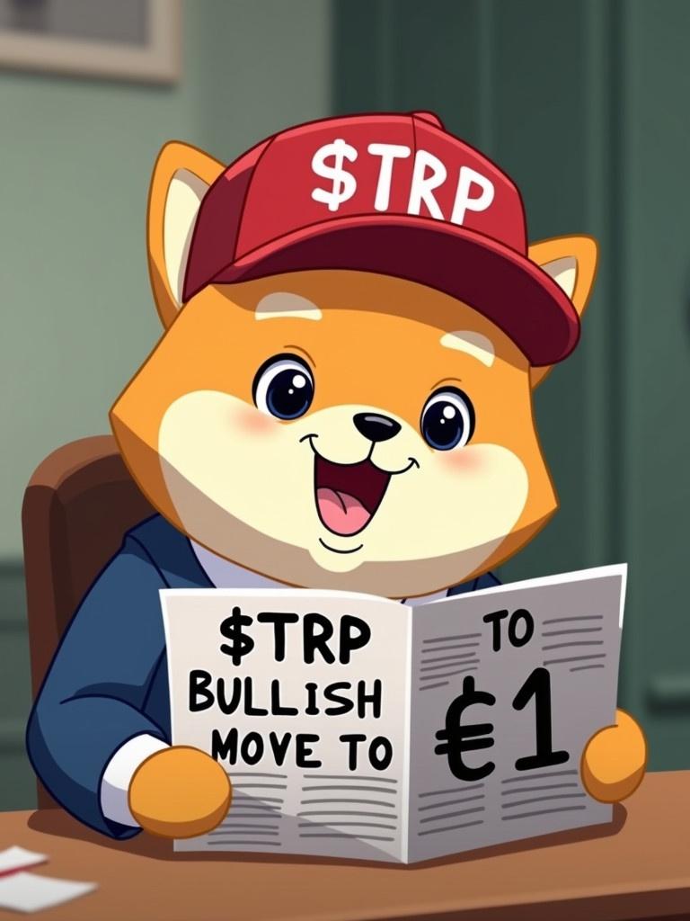 An animated Shiba dog character wearing a red cap labeled $TRP dressed in a blue suit. Character is holding a newspaper stating $TRP BULLISH MOVE TO $1. Background is blurred showing a light setting.