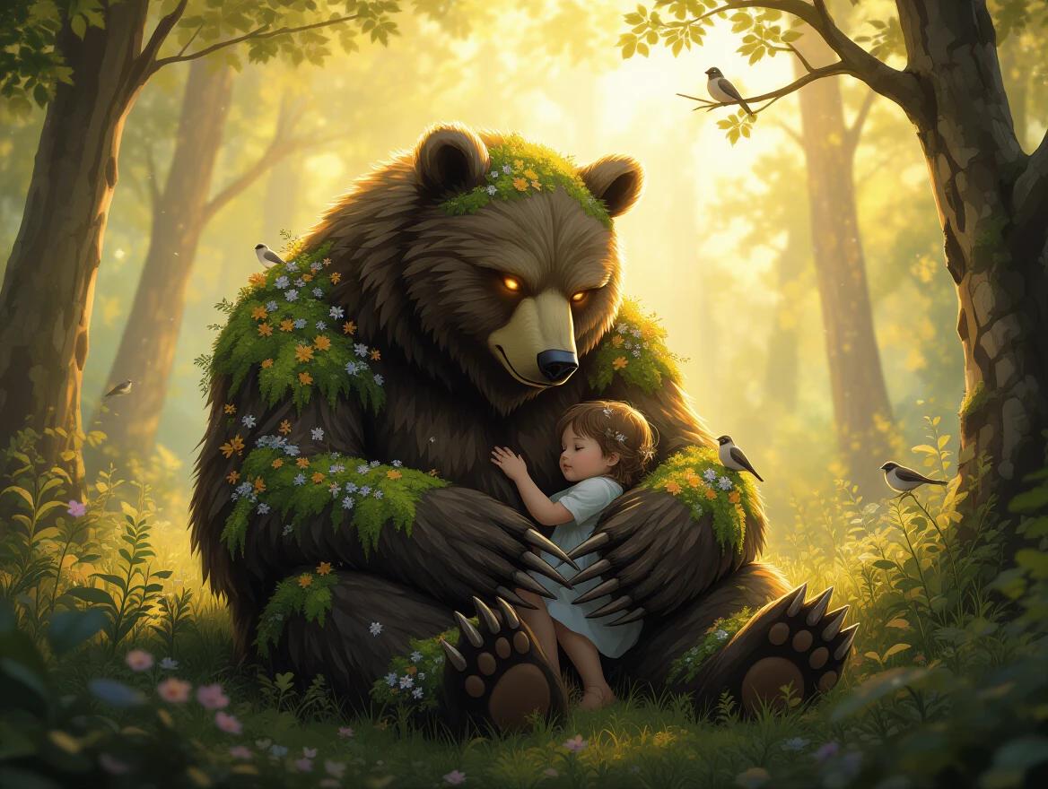 Bear-like creature covered in moss and flowers. Long claws and glowing amber eyes. Sitting in a forest clearing. Holding a small child in its arms. Peaceful and comforting pose. Birds nesting in its fur. Warm golden light through the trees. Surreal and peaceful atmosphere. High detail and soft focus artistic style.