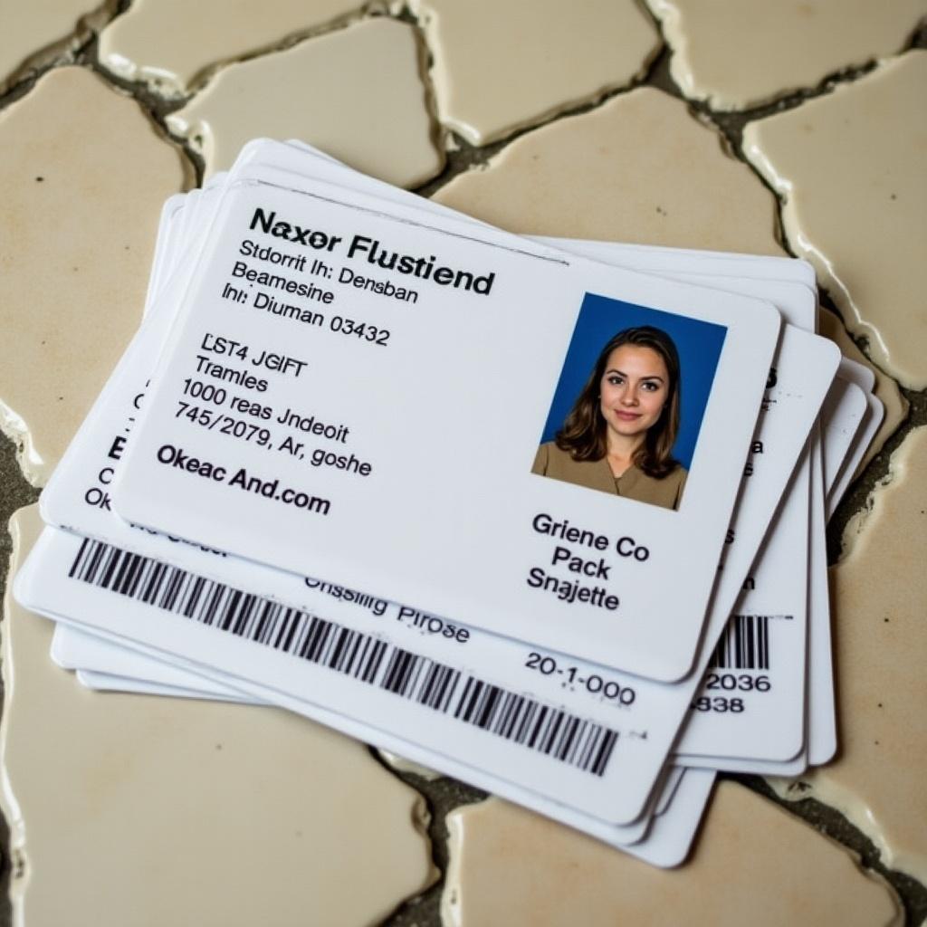 A student's ID card displayed on a tiled surface. Personal details are visible. Several cards are stacked together.