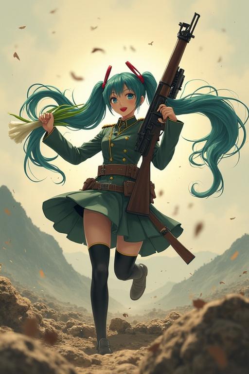 War propaganda featuring Hatsune Miku dressed in military uniform. Character holds a leek and a rifle. The setting is a battlefield with mountains in the background. Miku is dancing and embodying energy and strength.