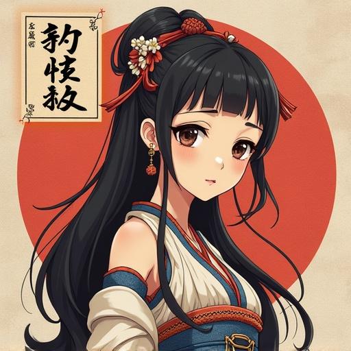 Anime style illustration of a Japanese foot soldier. Character has long black hair and wears traditional clothing with historical elements. Background features a round red design, enhancing the cultural representation.