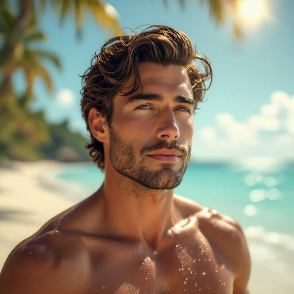 Close-up portrait of a young man on a tropical beach. Skin appears sun-kissed and wet. Background shows palm trees and ocean. Retro aesthetic with vibrant colors. Midday sunlight enhances features.