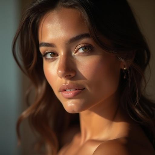 Portrait of a 22-year-old Brazilian woman with striking beauty and natural sensuality. Smooth olive skin with soft glowing texture. Harmonious face with a straight nose and slightly elevated tip. Defined lips, naturally reddish, and hydrated. Expressive dark eyes with elongated shape. Black eyebrows with gentle arch, adding to facial expression. Smooth dark hair with shine. Curvy body proportions, elegant pose against a softly lit background. Mood conveys femininity and confidence with elegance.