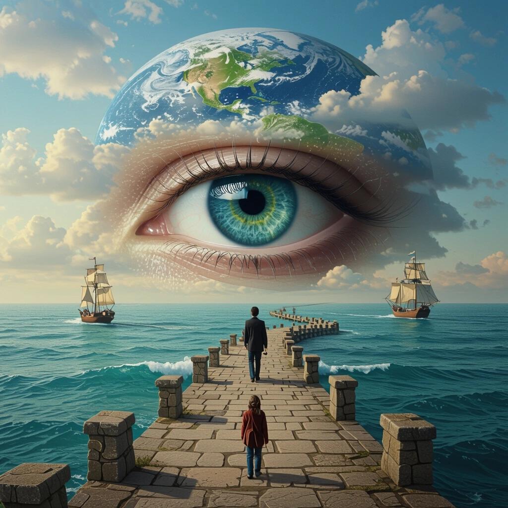 Surreal artwork with an eye reflecting the Earth. Two figures walking on a stone pier towards sailing ships. Ethereal clouds in the sky.