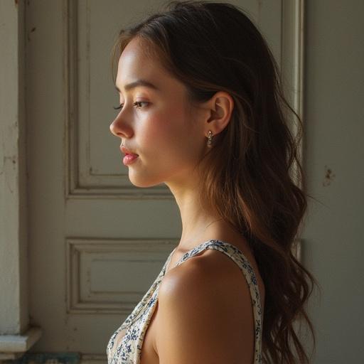 Profile of a young woman with long hair posing elegantly in a softly lit indoor setting.