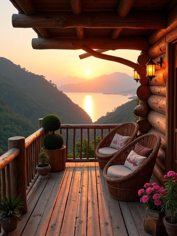 Wooden terrace attached to a cabin. High mountains with sunset view. Coastal hills and calm sea in the background. Two wicker chairs with cushions. Lantern on the wall. Potted plants. Warm tones dominate the scene.