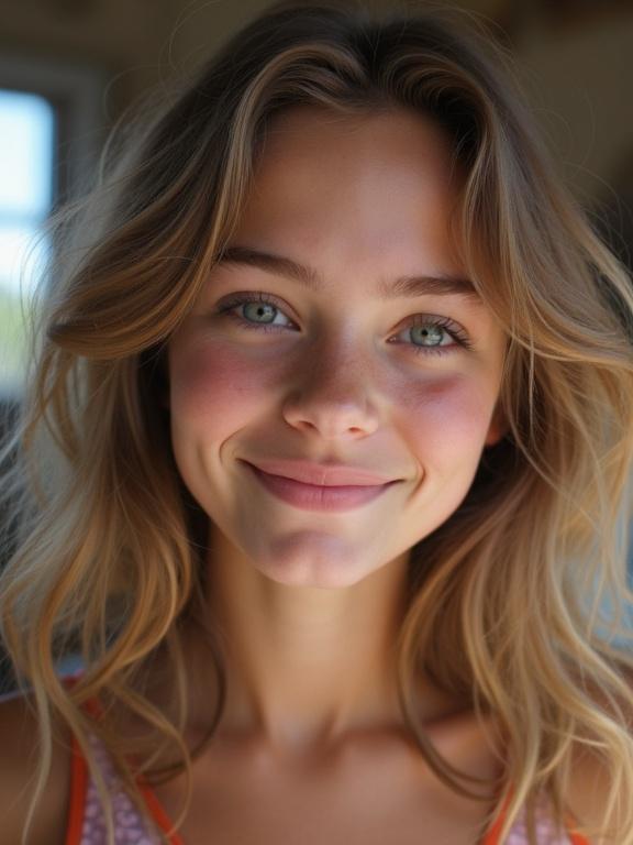Young girl dances in front of a webcam. Hair styled elegantly. Vibrant colors around her. Casual clothing. Background features natural light.