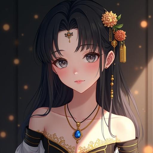 Portrait features a young woman with long black hair and grayish-black eyes. Her expression is calm and alluring. Skin is fair with rosy blush. She wears an off-shoulder black and white dress with gold embroidery. Adorned with a forehead chain and floral hair ornaments. Background has magic sparks and bokeh effects.