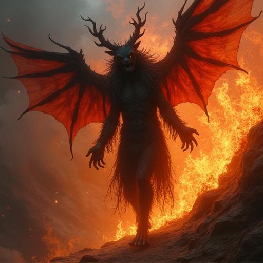 A realistic depiction of a dark fantasy succubus surrounded by flames. The creature has bat-like wings and an imposing presence. The background features fiery elements.
