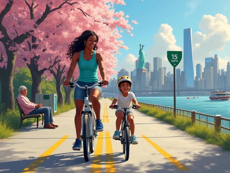 Hyperrealistic digital painting showcases a mother and son cycling along NYC's Hudson River Greenway. It is midday, featuring cherry blossoms overhead and a beautiful city skyline behind. The mother wears a turquoise tank top as she rides a hybrid bike, with her son secured in a child seat wearing a dinosaur helmet. Nearby, a 15 MPH sign is visible along with a Citi Bike station and an elderly man sitting on a bench. The vibrant colors and cinematic depth emphasize their joyful connection against an urban backdrop.