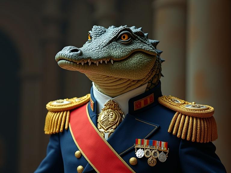 A crocodile in military attire stands straight. The uniform is navy blue. It has gold epaulets and medals. A crimson sash crosses the uniform. The crocodile exudes authority. The background suggests a military setting.