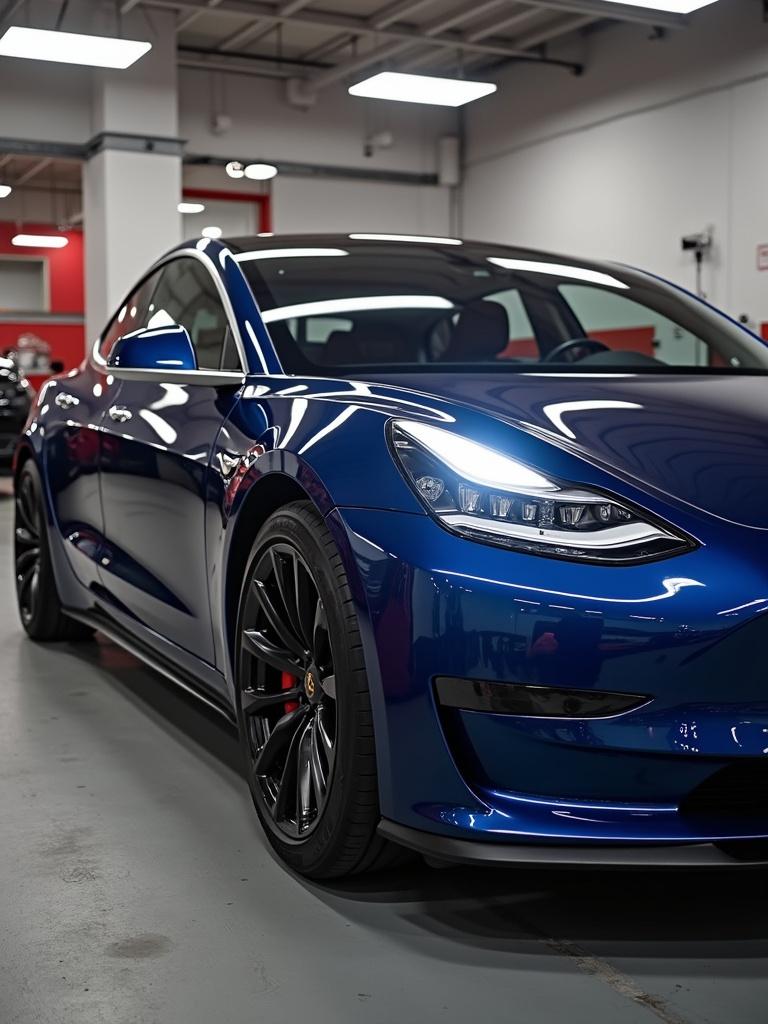 Tesla Model 2 appears in a modern garage setting. The car is painted in a glossy blue color. Designed with sleek lines and sporty styling. The focus is on the front and side profile with attention to the wheels and details.