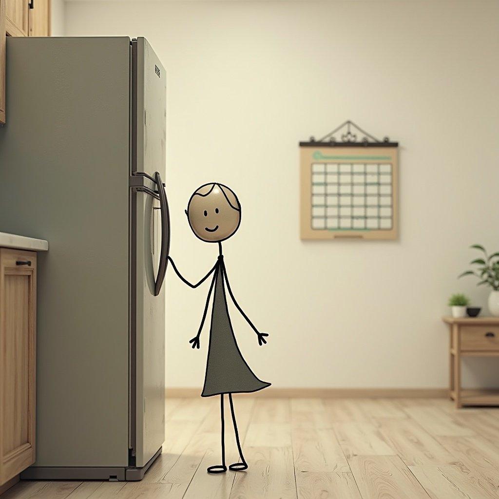 Stick figure woman with a round head and straight face looks into a refrigerator. Simple kitchen setting includes a calendar on the wall.