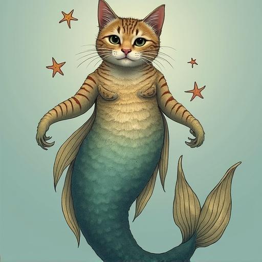 A mermaid with the upper body of a cat and lower half of a fish. Two starfishes are on the chest. The design is whimsical and colorful.