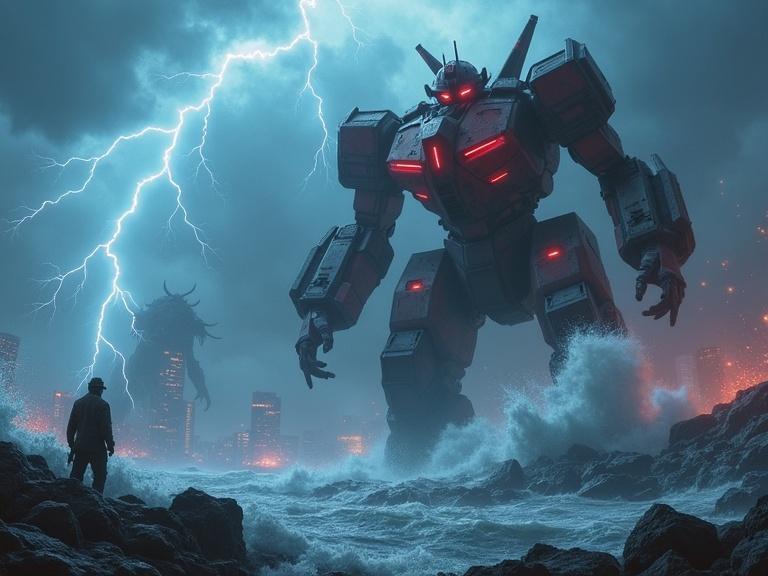 A colossal battle between a giant mech and a monstrous kaiju takes place in a stormy coastal city. Lightning illuminates the chaotic scene with waves crashing around. Debris is flying while the atmosphere is hyper-detailed and dynamic. The styles reflect those of Pacific Rim and Tetsuya Nomura. Dramatic red and blue lighting enhances the visual impact.