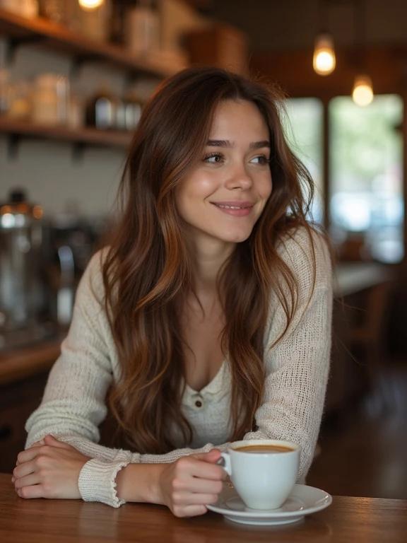 A young woman with long brown hair enjoys a cup of coffee in a cozy café. The scene captures the warm ambiance of the coffee shop, showcasing attractive interior design elements.