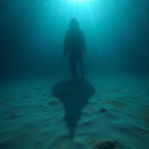 Long monstrous shadow gliding across the seabed. Not clearly defined. Stirred sand particles. Unsettling deep blue tones. Cinematic underwater scene.