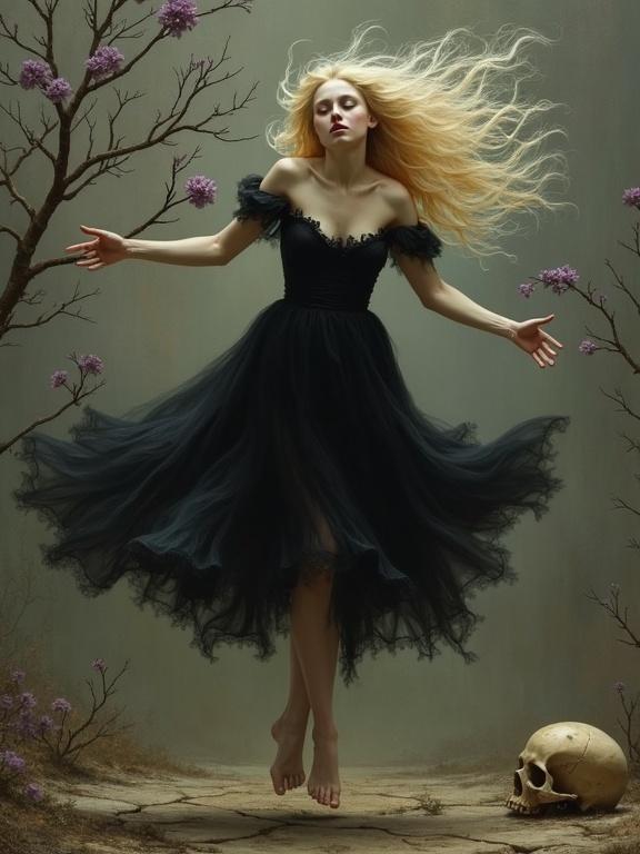 Dark fantasy painting features a pale woman levitating in a black dress. Long blonde hair flows upward. Ethereal expression with closed eyes. Surrounded by branches with purple flowers and a human skull. Dramatic lighting creates an eerie atmosphere reminiscent of old oil paintings.