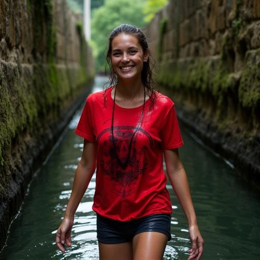 Photo of a woman positioned in center-middle of a narrow stone-lined waterway. She wears a wet bright red t-shirt with a dark design. She also wears dark-colored short swim trunks. She smiles with a relaxed expression and leans slightly forward, arms extended as if wading into the water. The waterway is dark murky-green, shallow with mossy dark brown stone walls. Surrounding the waterway are rocky and vegetated walls. Natural outdoor lighting illuminates the woman's face and body, highlighting her features. The composition is straightforward and focused on the woman. The perspective is slightly above the waterline with a casual, relaxing atmosphere.