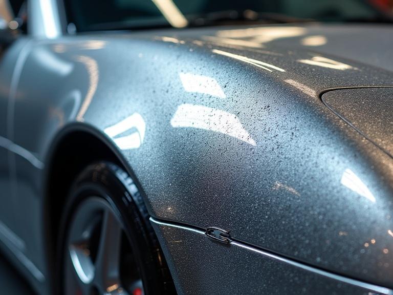 Close-up of a silver metallic car surface. The car shows a shiny finish after being washed. Water droplets are visible on the surface.