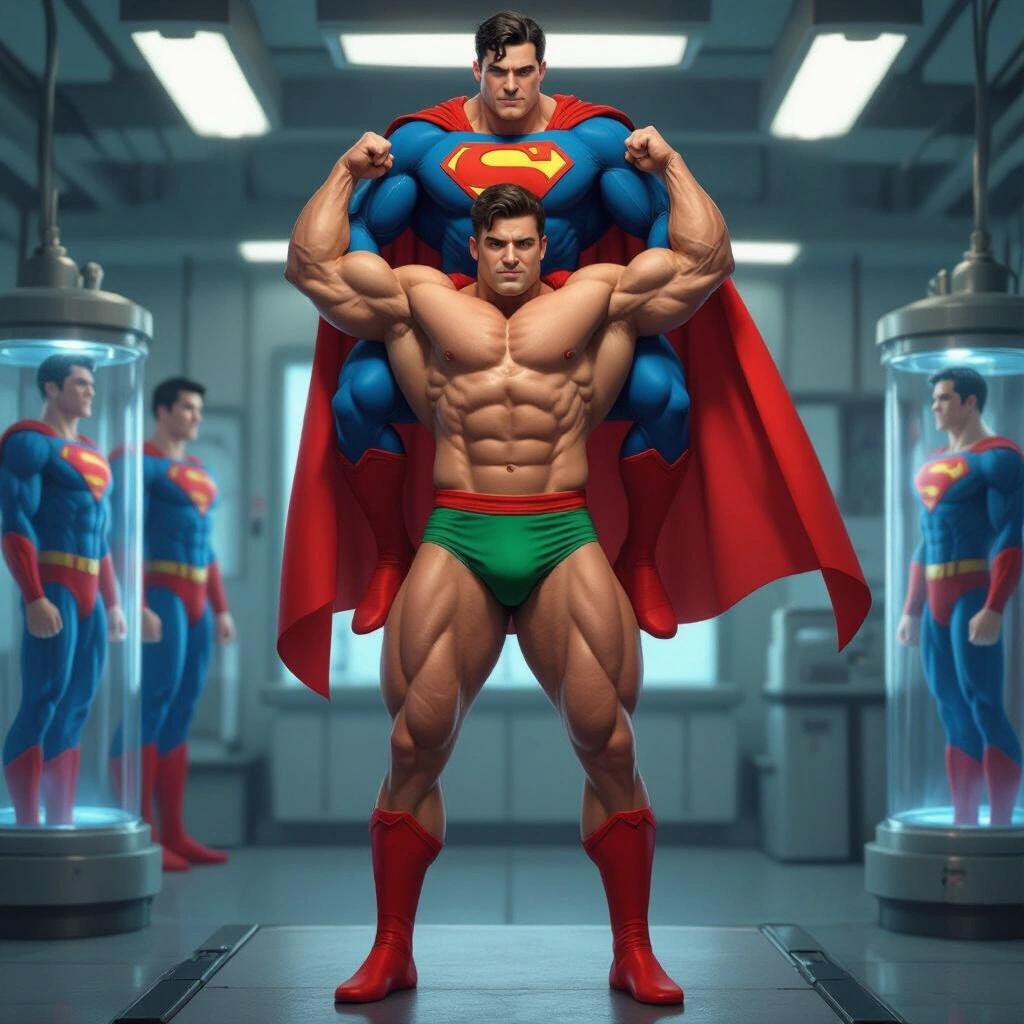 Powerlifter in green briefs with a large bulge lifts Superman in tight red briefs in a human cloning laboratory. Superman is seen in tubes at Lex Corporation.