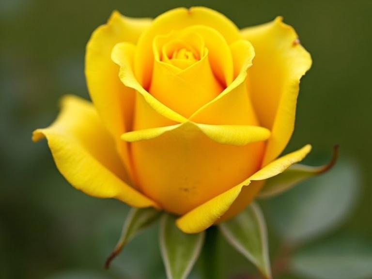A close-up of a blooming yellow rose. The rose is vibrant and fresh. The background is softly blurred to highlight the flower's beauty. Green leaves surround the rose.
