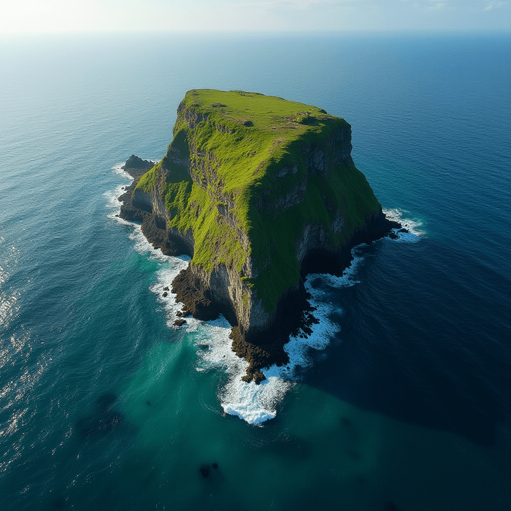 The image captures a lone, cliff-like island emerging from the tranquil blue waters of the ocean. The island is mostly a steep, rocky structure crowned with a lush, vibrant green blanket of grass on top, signaling vitality amidst isolation. The waves splash gently against the dark rocks at the base of the island, creating a subtle contrast between the deep greens and blues of the water. The sky above is clear with a soft gradient from a light blue to a deeper hue, suggesting a sunny, calm day. The image exudes a sense of untouched beauty and serenity.