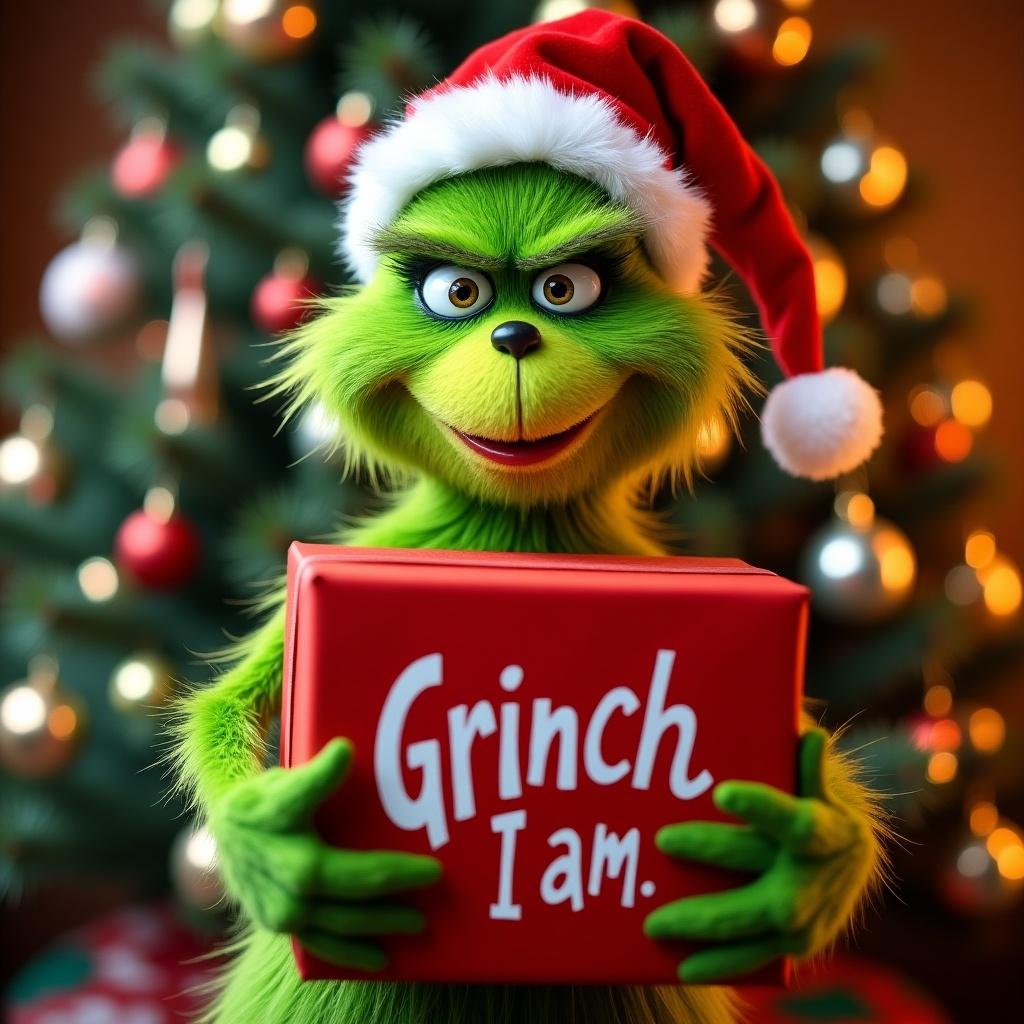 A Grinch character holds a red present labeled 'Grinch I Am'. Christmas tree serves as backdrop. Grinch wears a Santa hat. Scene is bright and colorful.