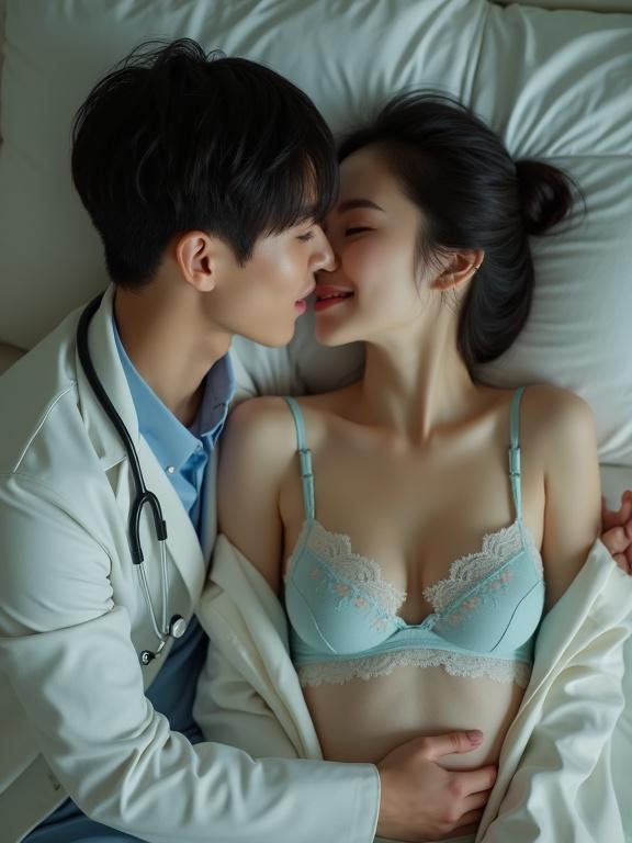 Overhead shot of a petite female doctor in a light blue bra with lace. She kisses a male patient in a bedroom. She has a stethoscope and a coat. Hair tied back. Gentle light enhances the atmosphere. Full body in frame. Nostalgic early-2000s vibe with visible lens dust and film grain.